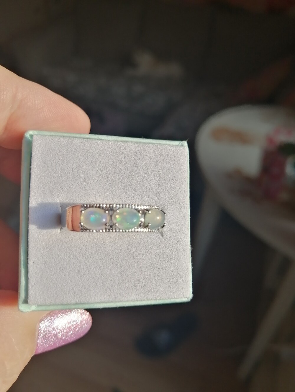 Opal Trio Band Ring Iridescent White Opal Adjustable 7-8. New